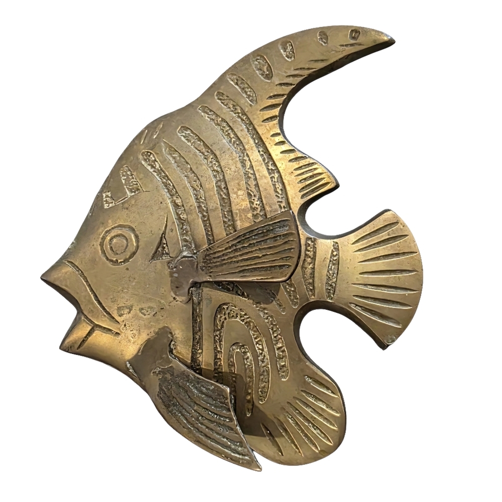 Vtg Pier One Brass 3D Angel Fish Wall Mount Tropical Ocean Beach Decor Patina